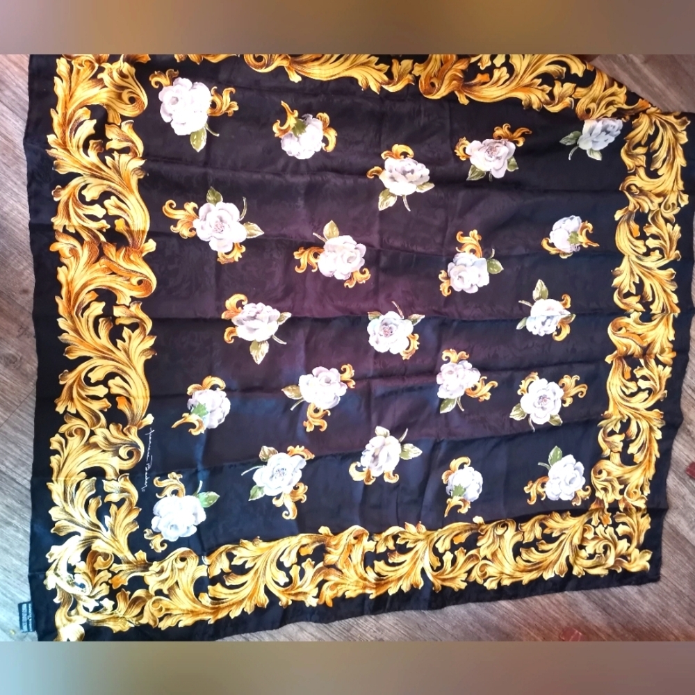 Jeannene Booher/Maggy London Scarves Signed Black/Gold Silk